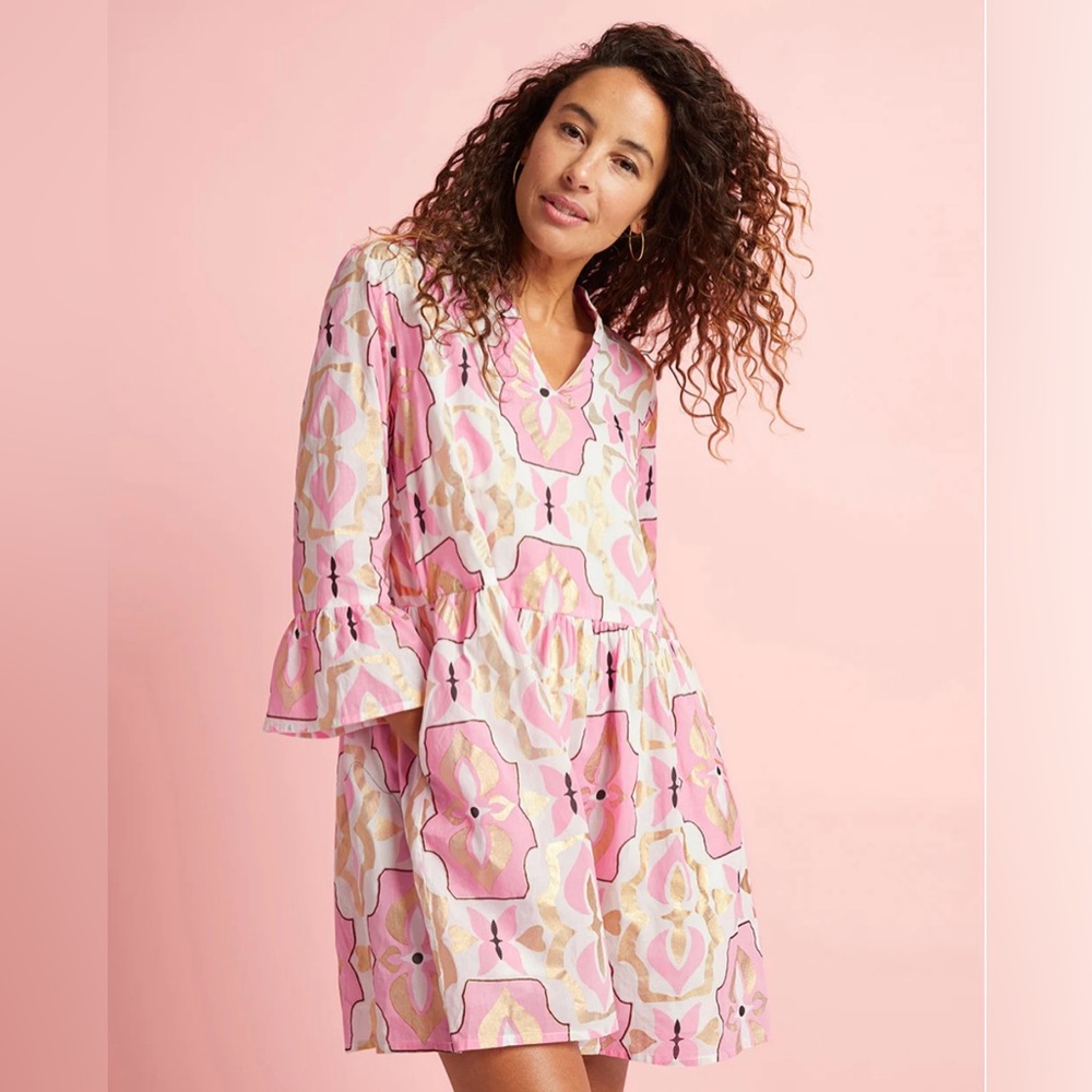 New Jude Conally Pink Patterned Dress with Bell Sleeves size M